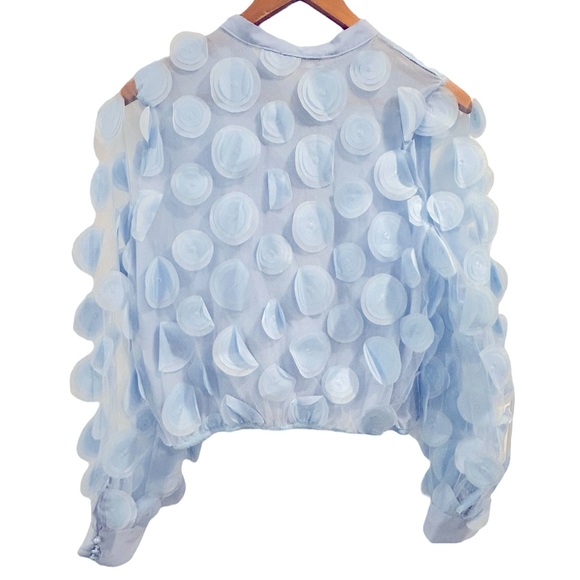 French Retro 3D Circle Detail Chiffon Bow Neck Tie Sheer Blouse Euro Billowy L - Picture 5 of 7